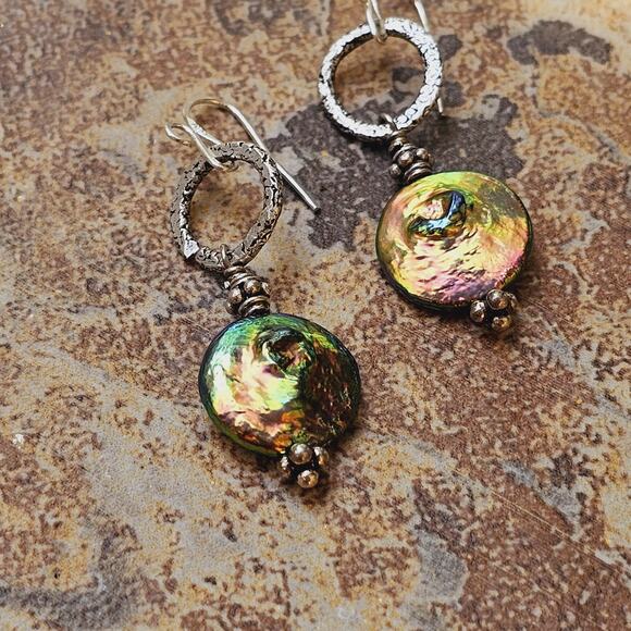 Freshwater Pearl Irrid. Coin Beads Ant. Sterling Etched Earrings - Picture 3 of 7